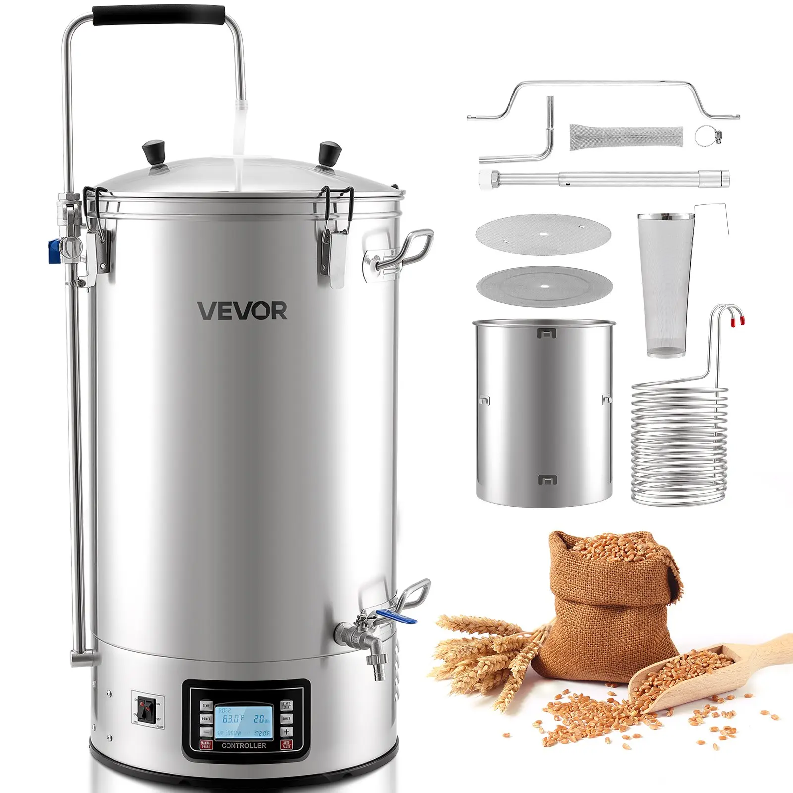 VEVOR Beer Brewing Equipment, 16 Gal/60L Beer Maker with Anti-Burn Pump and Wort Chiller, 3000W All-in-One Home Brewing Kit with Digital Control, Recipe Memory Timer, Removable mesh strainer