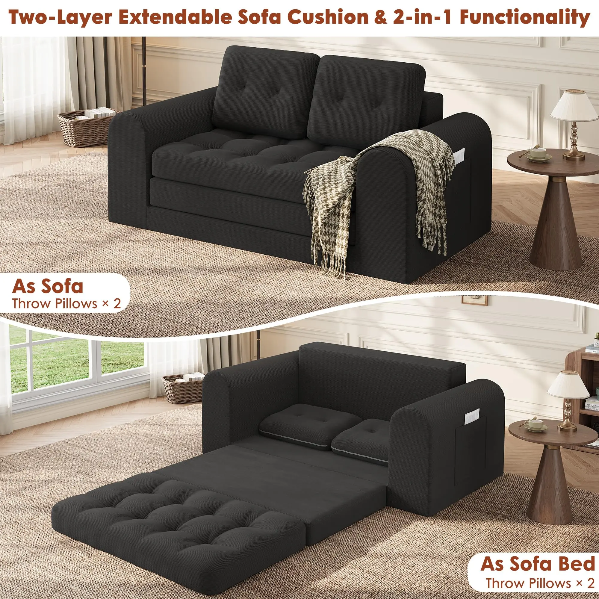 Multi-Functional Convertible Sofa Bed – 59" Corduroy Folding Loveseat Futon Couch – Pull Out Sleeper, No Assembly Needed, Ideal for Living Room or Bedroom