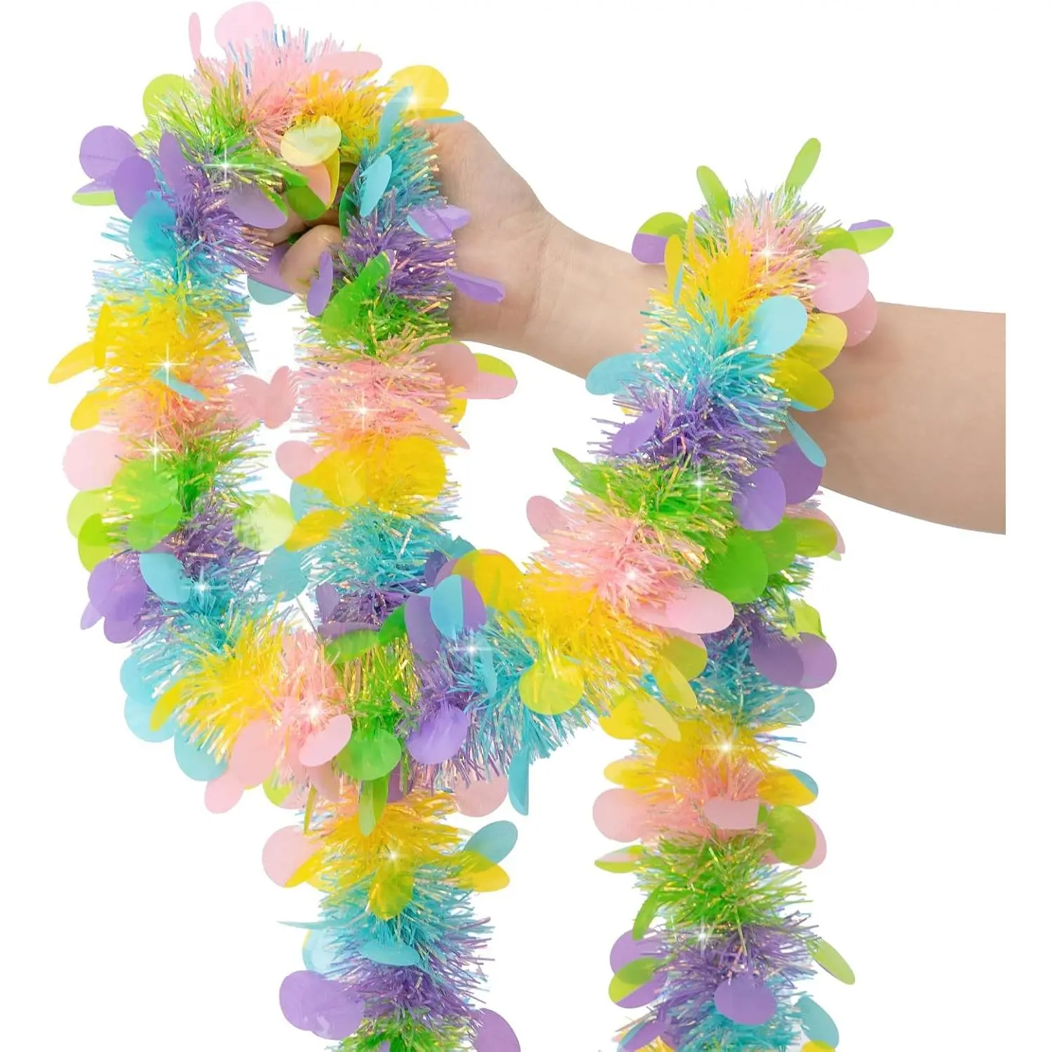 20FT/6M Easter Tinsel Garland Colorful Easter Egg Metallic Twist Tinsel Garland with Confetti Glitter Spring  Tinsel Garland Decoartion for Easter Tree Stair Mantle Party Supplies