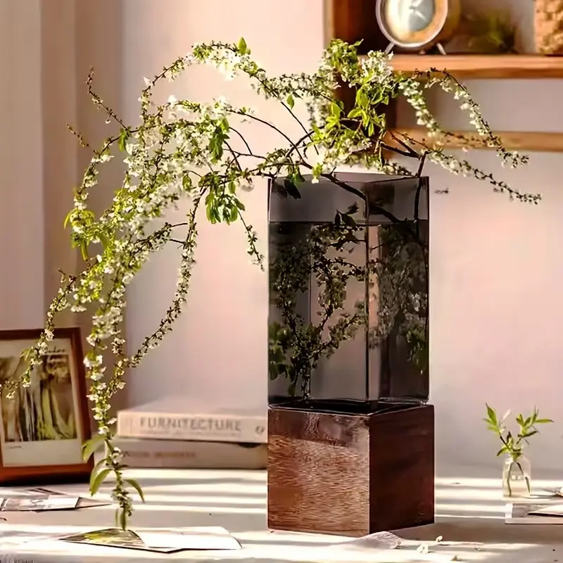 Modern Acrylic Decorative Vase with Wooden Base, Multi-Functional Theme Vase for Living Room, Perfect for Holidays and Events, Vase for Flowers