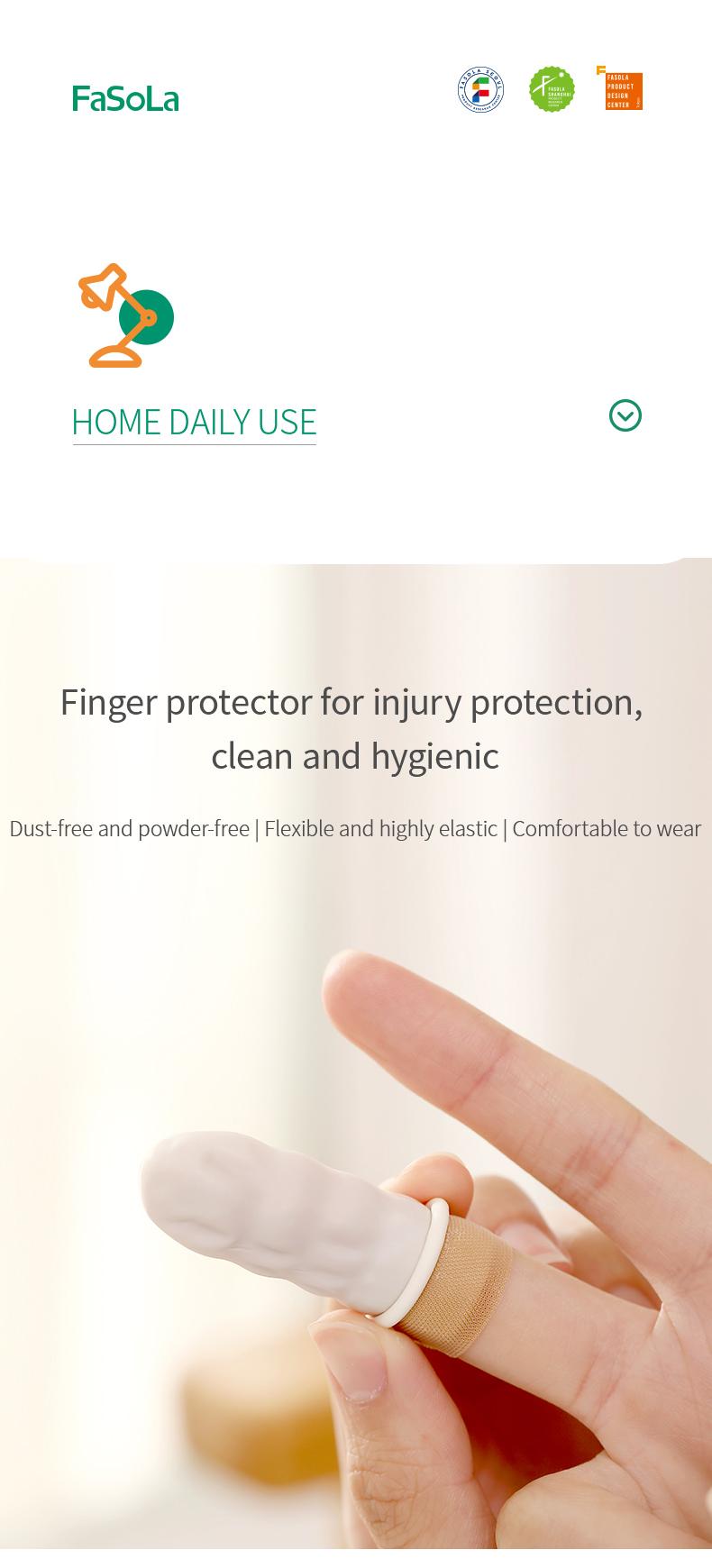 FaSoLa disposable rubber finger covers are non-slip, wear-resistant, and provide hand protection. They are highly elastic and allow touch-screen use, offering flexible dexterity
