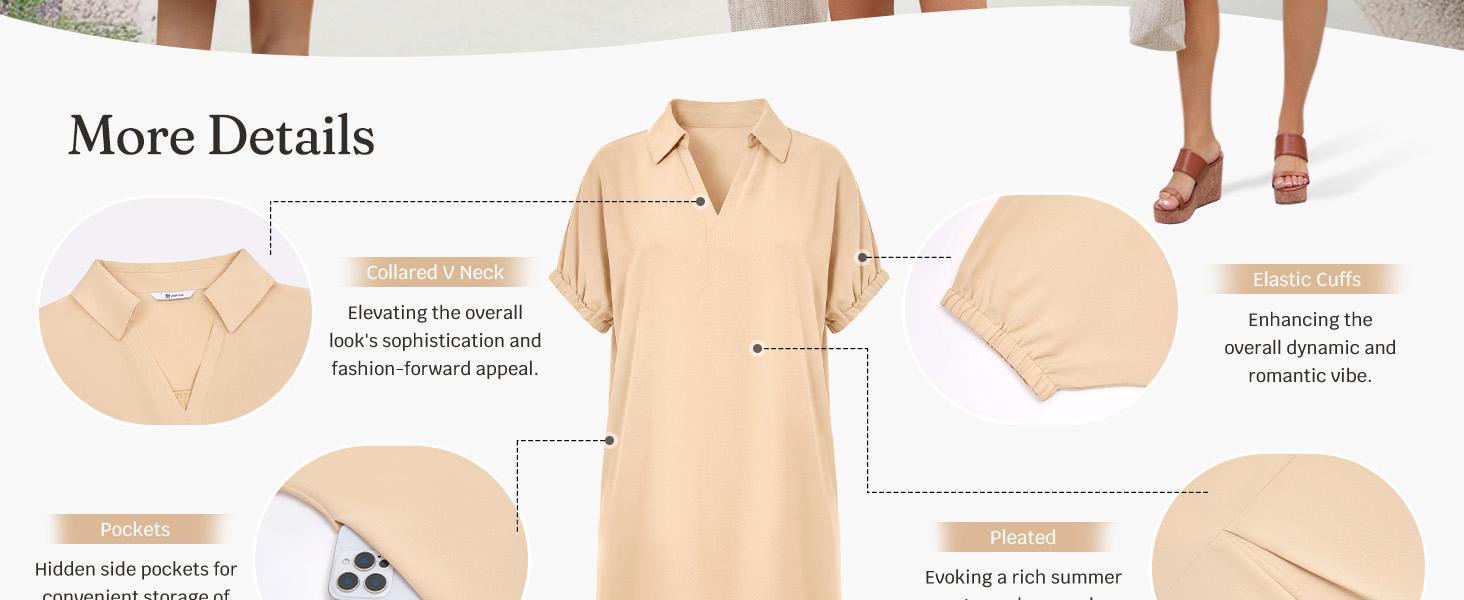 Imily Bela Womens Summer Shirt Dress Casual Short Sleeve Collared V Neck Loose Beach Cover Up Shirts with Pockets