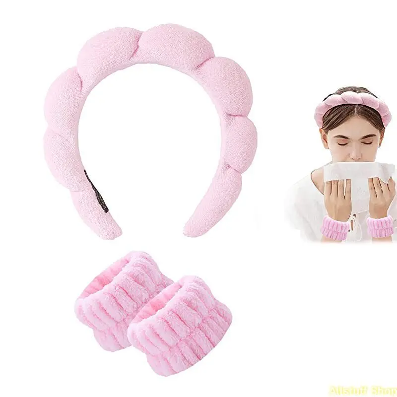Women's Elastic 4-Piece Solid Terry Cloth Spa Accessory Set - Absorbent Headband, Wristbands for Face Washing, Makeup