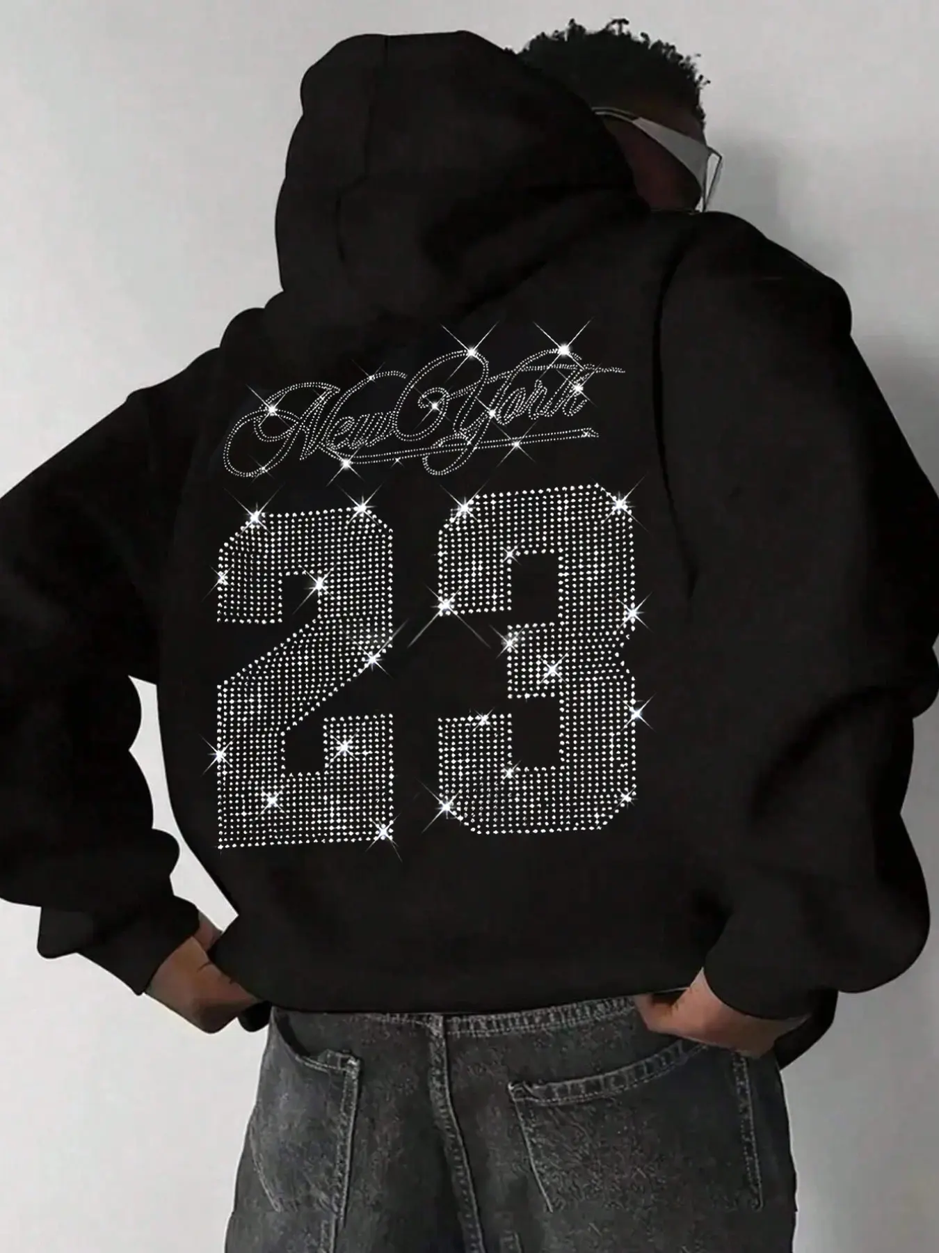 Men's casual athletic hoodie featuring a warm fleece lining and a sporty "23" graphic created with rhinestone detailing; designed with a simple, lightweight, and relaxed fit—ideal for daily casual wear or commuting. Casual Hooded Sweatshirts