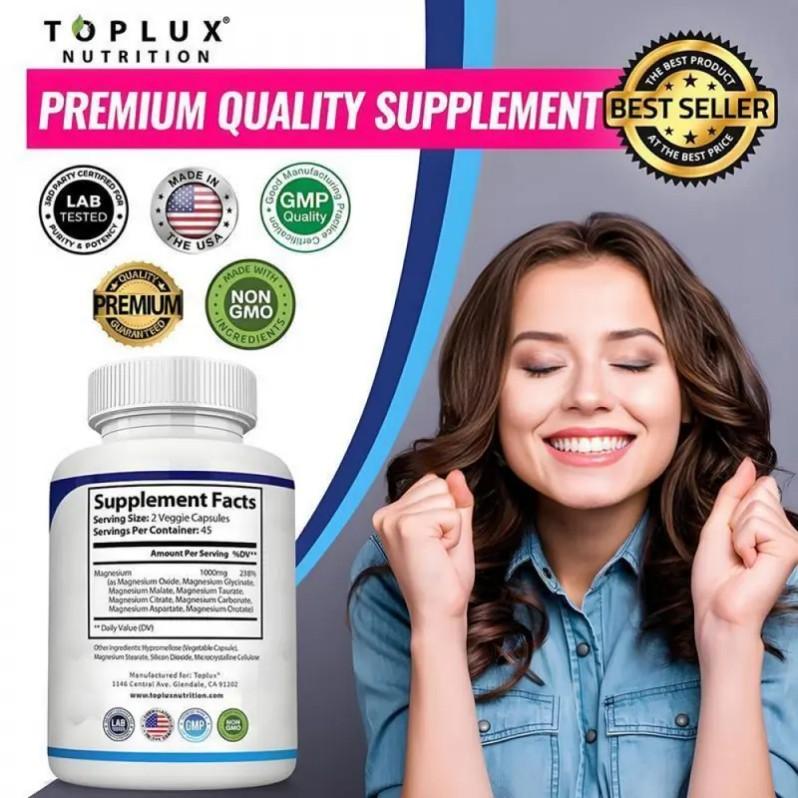 (Flash Sale 3 bottles) TopLux Nutrition Magnesium Complex 1000mg 90 Capsules 7 Elemental Sources Men Women Bone Muscle Sleep Immune Support Nature Decent Fitness Dietary Supplement Malate Taurate Chelated for