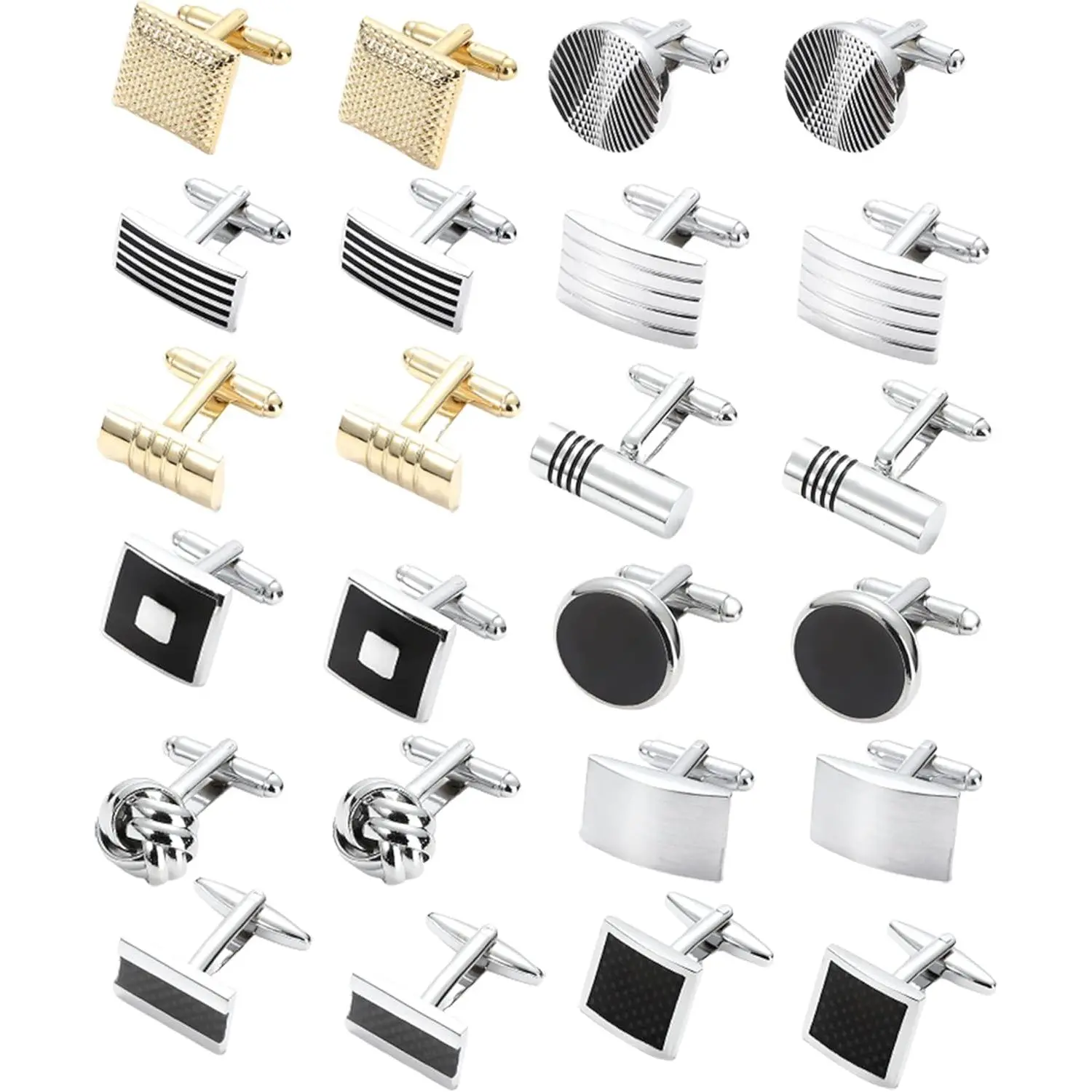 Men's 12-Pair Cufflinks Set - Classic Durable Construction Brass, Silver-Black Tones, Round/Square Designs for Formal Wear, Christmas Gift for Lawyers & Attorneys
