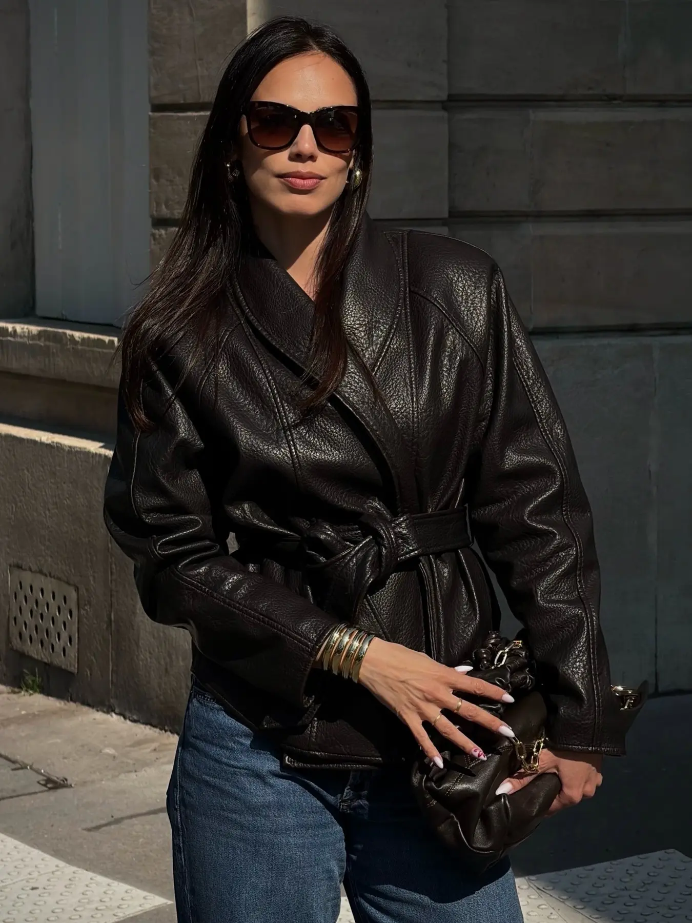 Women's Faux Leather Jacket Asymmetric Bomber Jacket Vintage Belted Long Sleeve Jackets Coat Collar Black Motorcycle Jacket Casual Streetwear Fashion Fitted Outerwear Coats For Spring & Fall  Womenswear