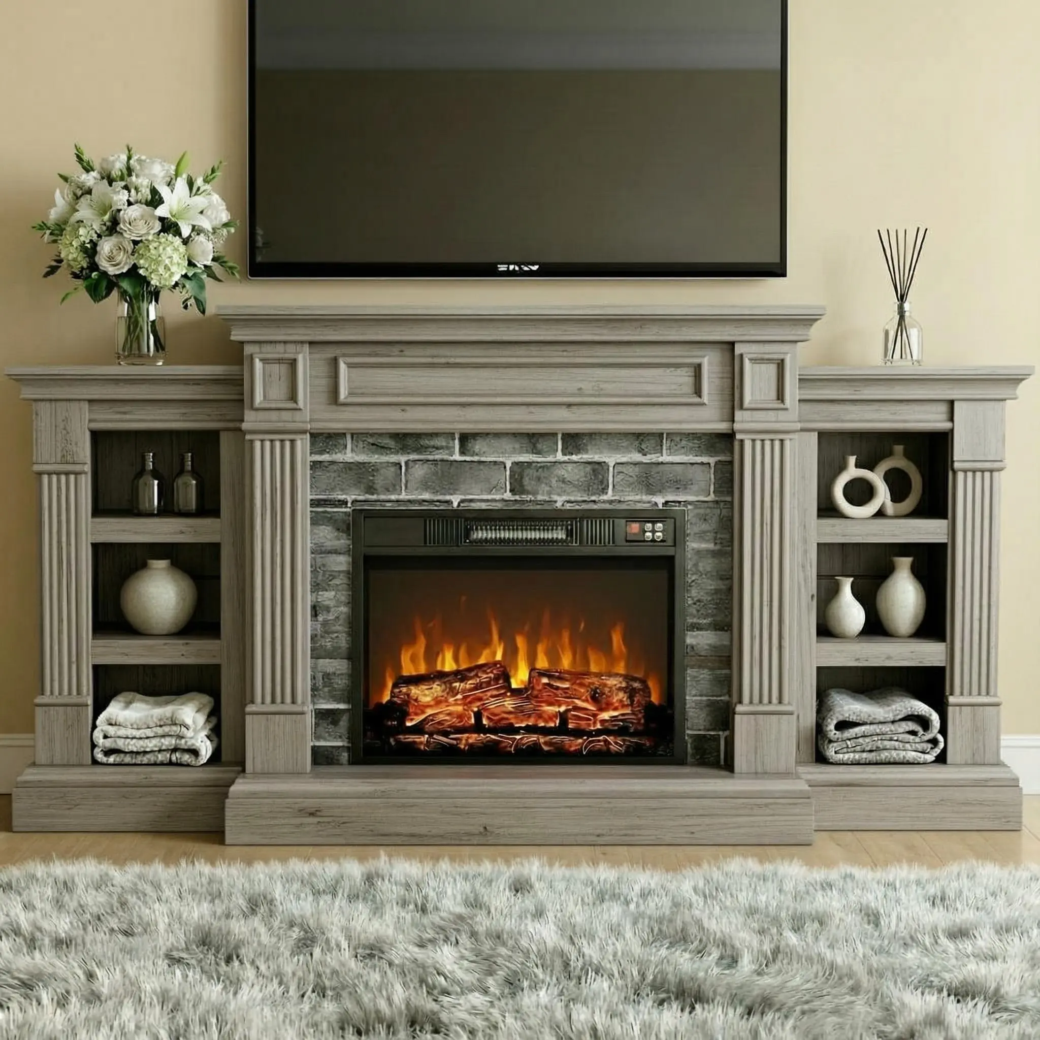Garvee 71 Inch Fireplace with Mantel, Fireplace TV Stand for TV Up to 80", Entertainment Center with Storage, Realistic Stacked Stone Surround with Remote Control and 3d Realistic Flame