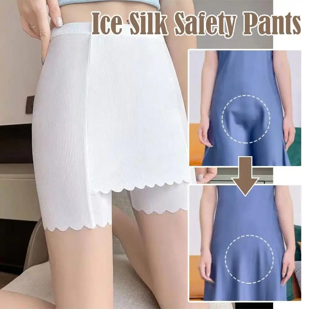 Women's Summer Ice Silk High-Waist Double-Layer Seamless Safety Boyshorts, Cute Smooth Feminine Comfortable Basic Anti-Chafing Slim-Fit Under Shorts for Dresses & Skirts Daily Wear