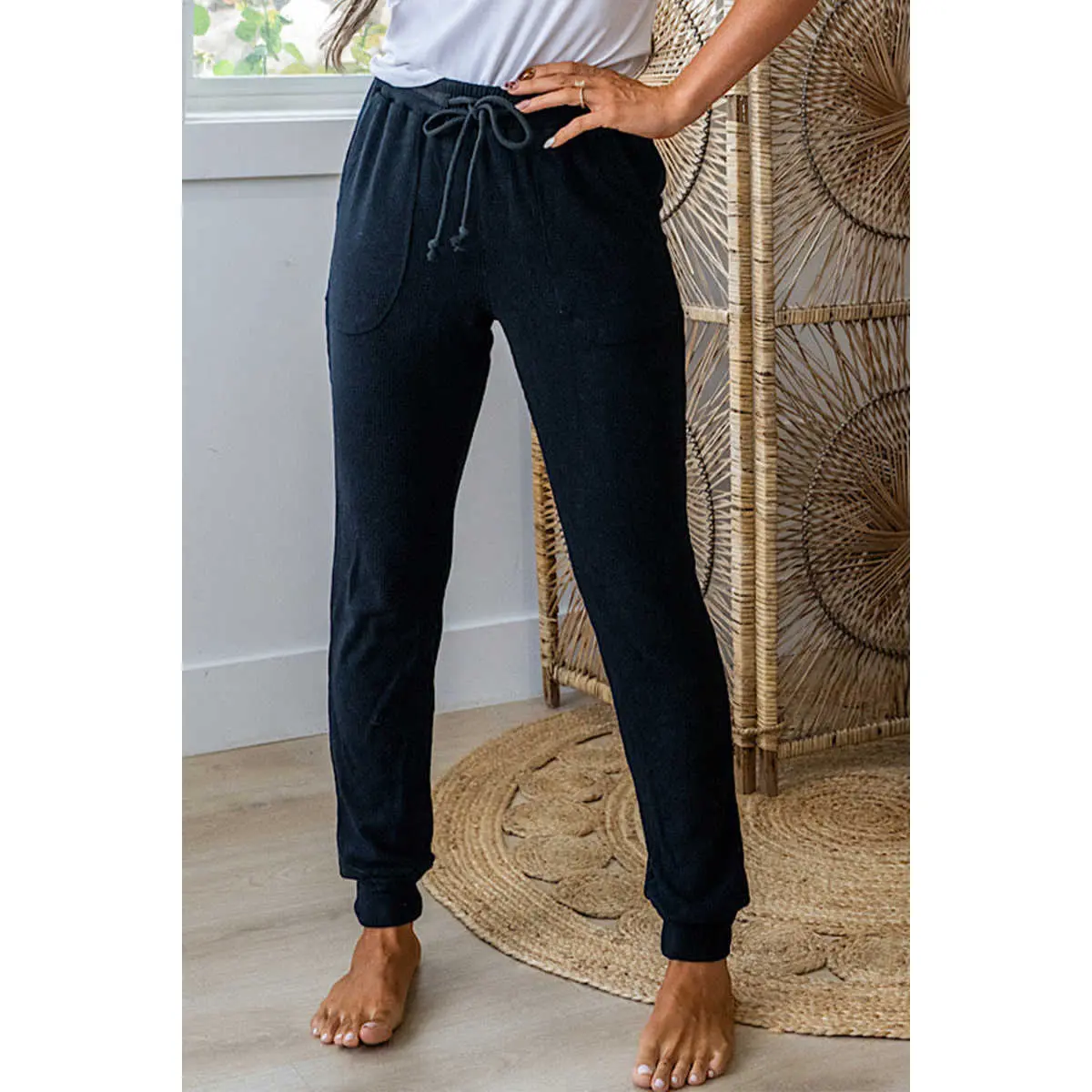 Women's Ribbed Jogger Pants Drawstring Waist Casual Lounge Sweatpants Stretchy Activewear Bottoms