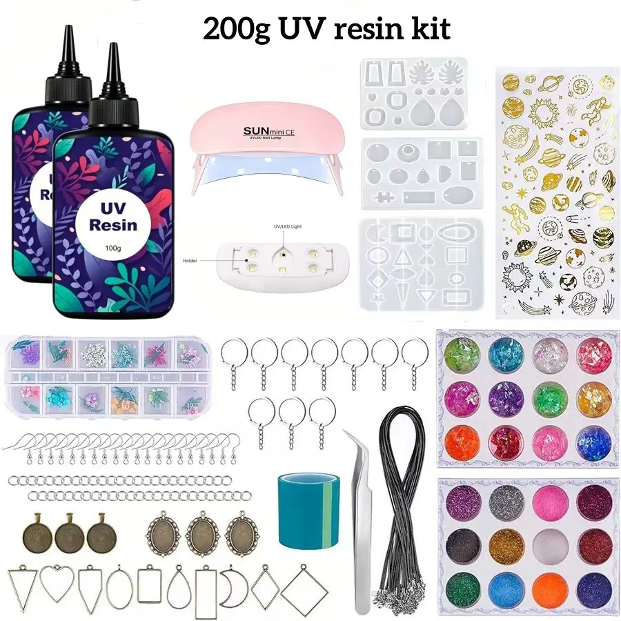200g UV Resin Kit, Includes Mini UV Lamp, Silicone Mold, Glitter, Dried Flowers, Tools, Starter Set for DIY Epoxy Jewelry Resin Art, Home Decor, Diy jewelry decoration, Low Odor, Fast Curing Hard Type UV Glue for Craft Beginner and Professionals
