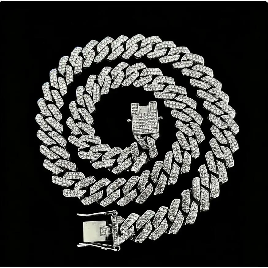 15MM Diamond Cuban Link Chain Hip Hop Men Necklace Bling Iced Out Choker Trendy Streetwear Jewelry For Women Wave Lace