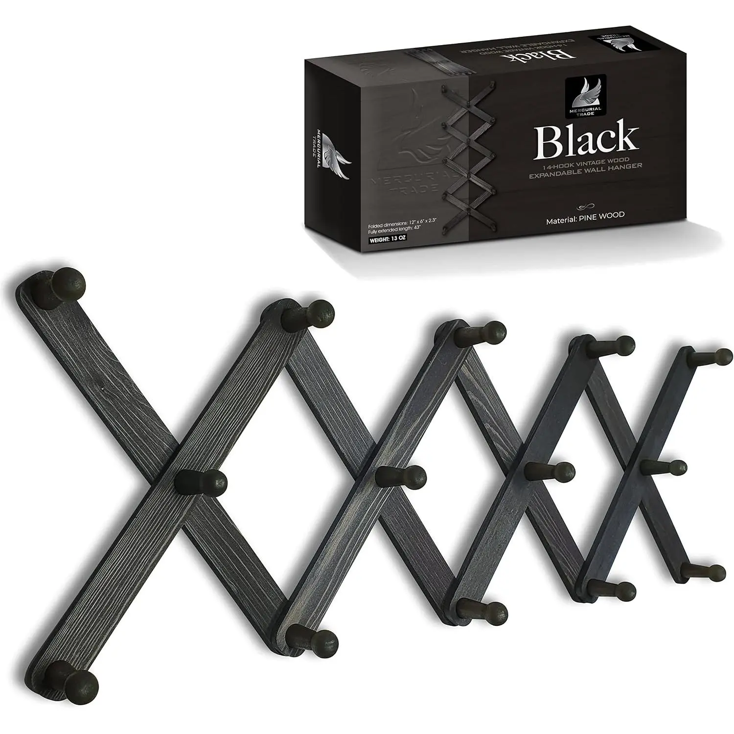 Expandable Wooden Coat Rack Hanger - Accordion Wall Hanger with Expanding Wall Pegs | Hand Made  Wooden Hat Rack for Wall | Hang Coat, Jacket, Hat | Wall Rack – 14 Hook, Black