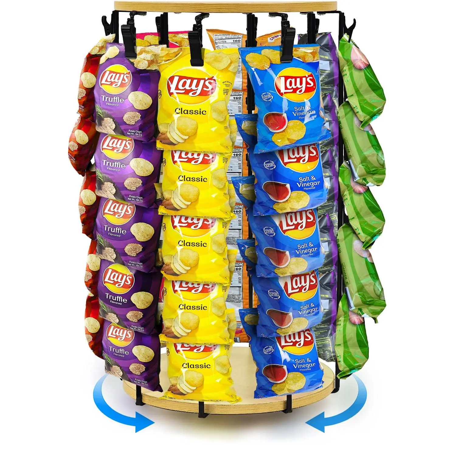 Chip Rack Display Stand, 5 Tier 40 Clips Display Stand, Rotating | Wooden Base Chip Bag Holder Candy Display for Concession Stand Countertop, Party, Retail, Snack Organizer for Office Desk