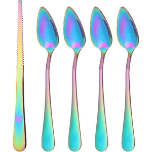 5 Pcs Grapefruit Spoons and Knife Set Rainbow Stainless Steel Serrated Utensils for Citrus Kiwi Melon Lemon Puree Dishwasher Safe