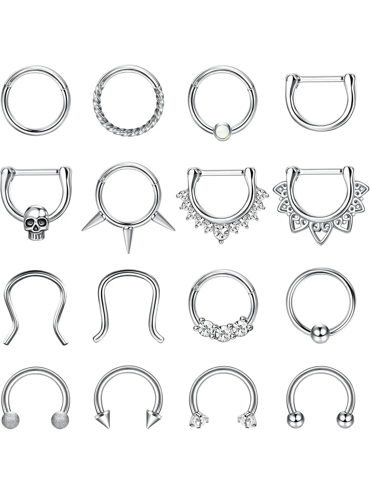 16PCS 16G Stainless Steel Septum Body Piercing Jewelry Set for Women and Men, Septum Clicker Rings & Horseshoe Nose Hoops, Can Be Worn as Daith, Helix and Tragus Cartilage Earrings
