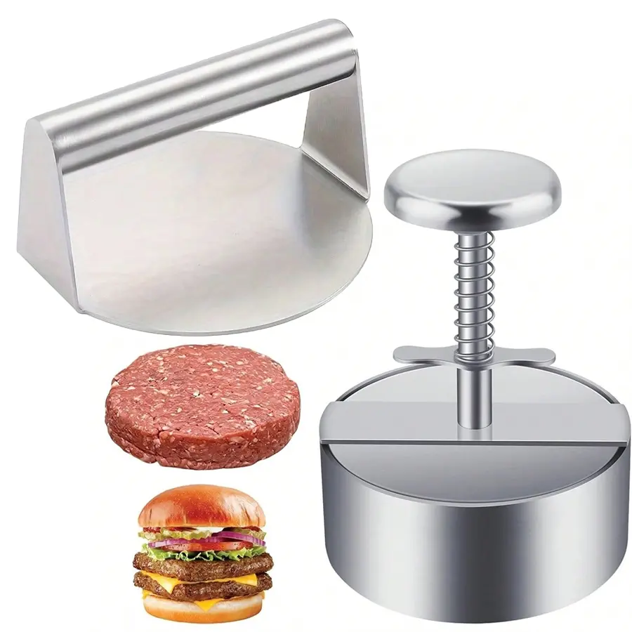 2‑in‑1 Hamburger Patty Press Maker Set, Spring Operated Burger Mold and Smash Burger Smasher, Reusable Stainless Steel Tool for Homemade Burgers, Meatballs for BBQ Camping Cooking
