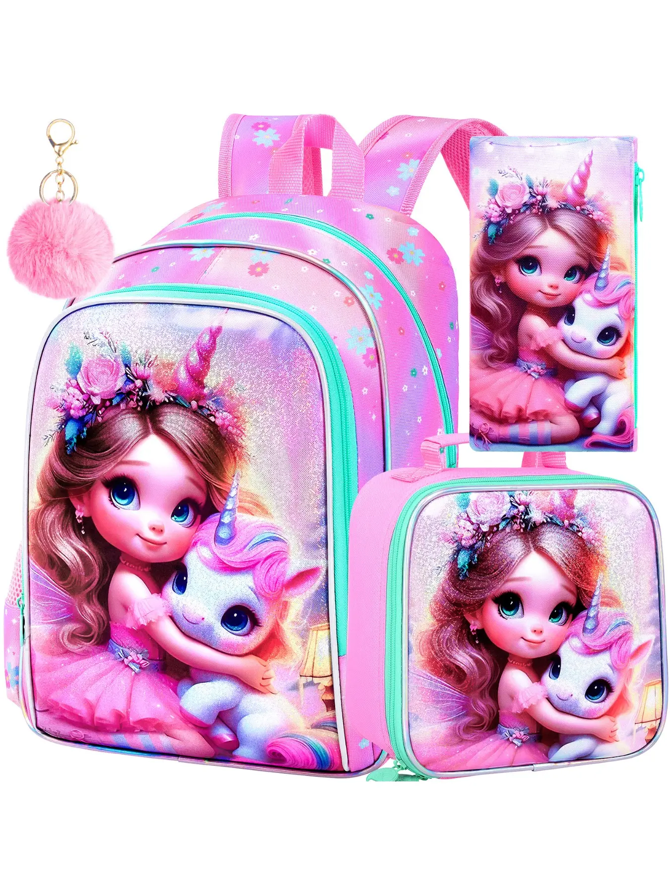 3PCS Unicorn School Backpack Set for Girls, 16" Kids Bookbag with Lunch Box, Elementary School Bag for Preschool Toddler Cute Stylish Daypacks