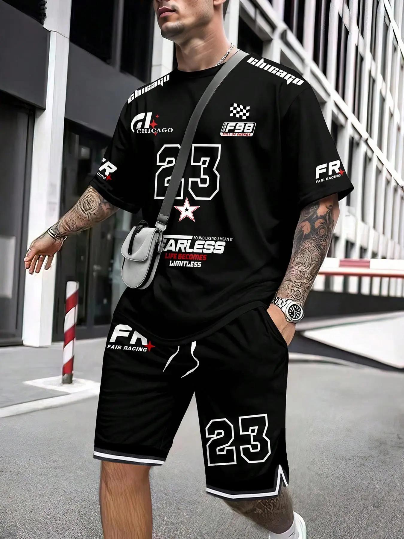 Two-Piece Set Men's Letter Print Short Sleeve T-shirt & Track Shorts Set, Regular Fit Casual Round Neck Tee & Shorts, Men's Summer Clothes
