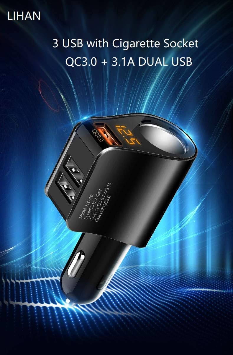 Cigarette Lighter Socket Adapter, Car Charger QC3.0, 12V/24V Outlet Plug Splitter with Multi USB Ports, Voltmeter Compatible for iPhone, Galaxy, GPS
