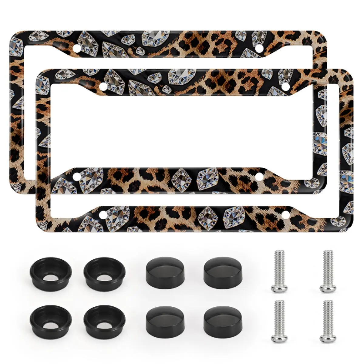 Leopard Print Bling License Plate Frame, 2pcs Aluminum Universal Car Plate Frame with Screws & Caps, Stylish Rhinestone Pattern Auto Decoration for Girls, Car Accessories for Truck SUV, Car Exterior Decoration Accessories for Men/Women