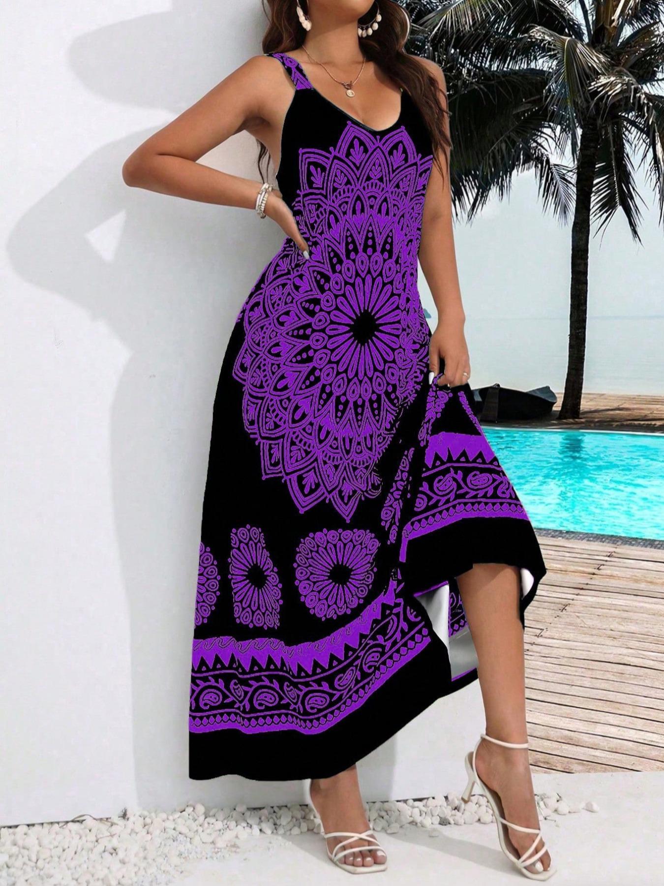 Plus Size Ethnic Pattern Backless Scoop Neck Cami Fitted Dress, Casual Boho Fashion Sleeveless A Line Long Dress for Beach Holiday Vacation, Women's Plus Clothing for Summer