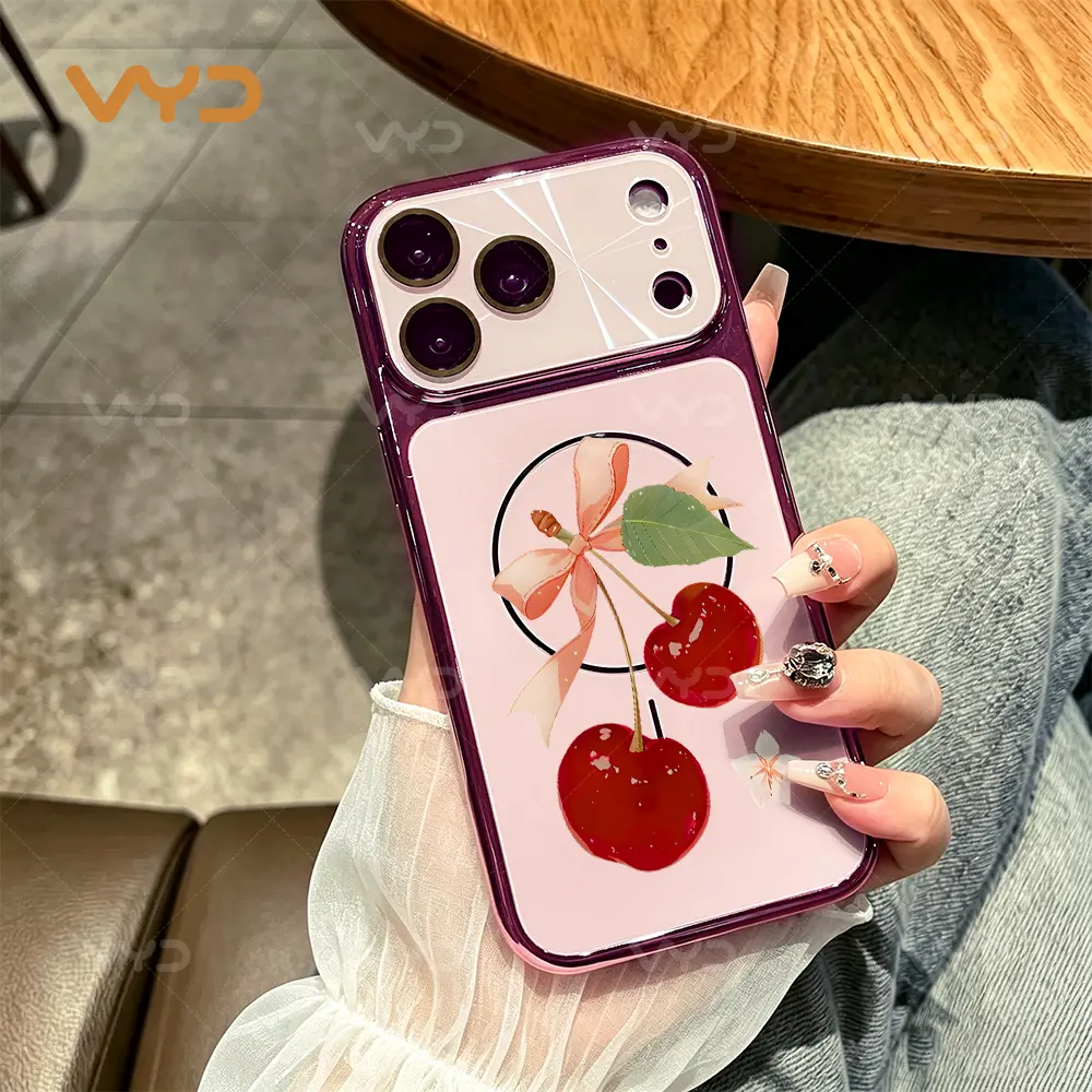 Magnetic Cherry Ribbon Illustrative Protective Casing for iPhone 12-17 Series, Coquette Aesthetic Fresh Red Cherry Blossom Bowknot Smartphone Case, Handheld Cellphone Devices Accessory, Summer Trendy Daily/Birthday Gift