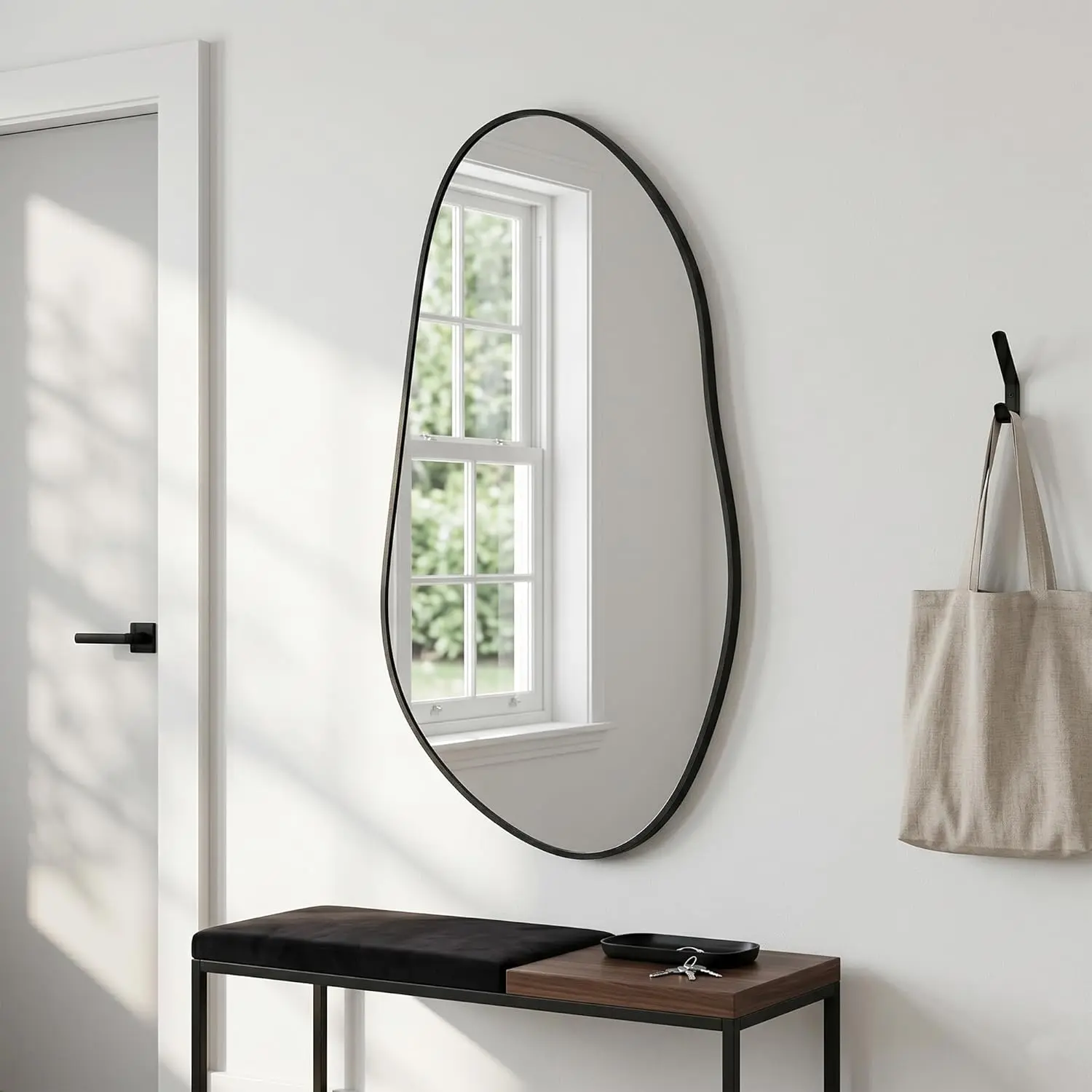 Irregular Wall Mirror 32" x 16.5", Asymmetrical Black Bathroom Vanity Mirror with Matte Aluminum Frame and Tempered Glass, Organic Shape Decor for Entryway