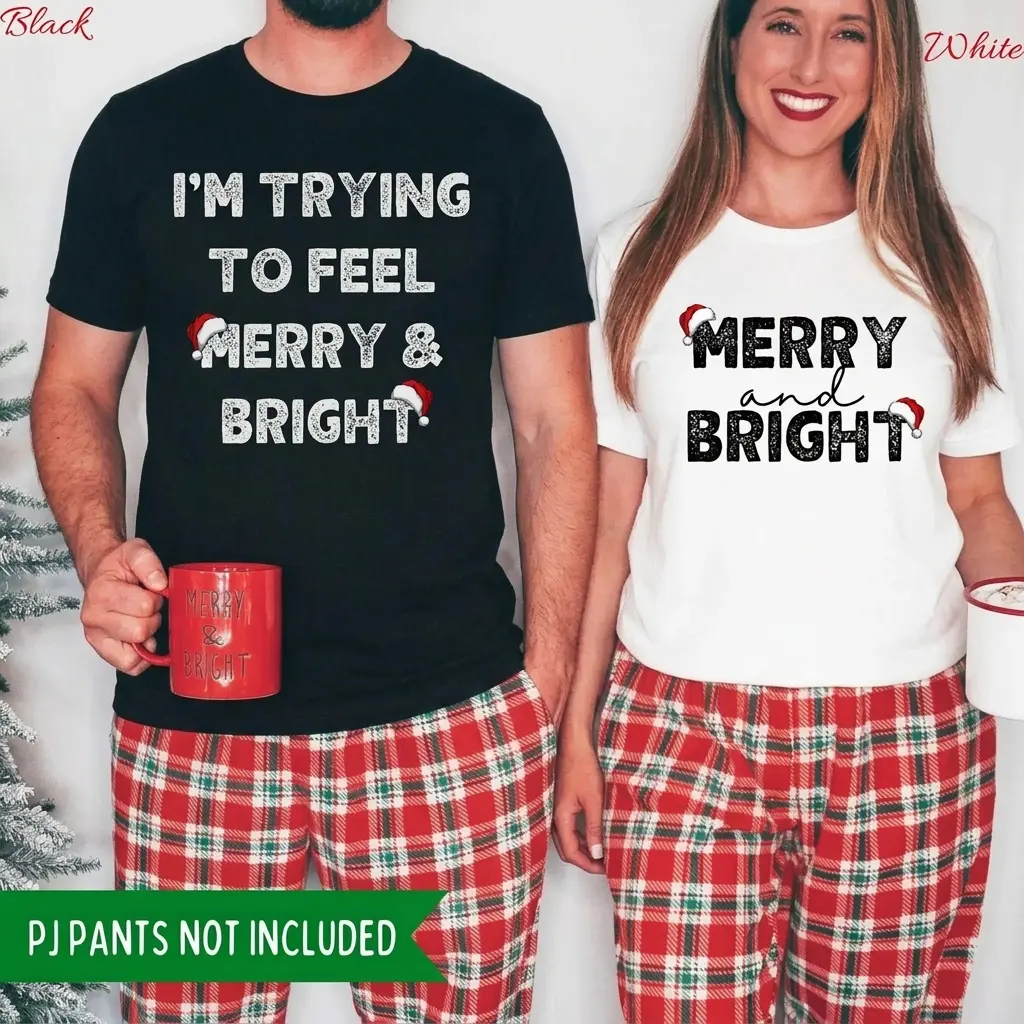 Merry and Bright Matching Christmas Shirts for Couples, Funny Round Neck T-Shirt or Sweatshirt, Casual Airlume Ringspun Cotton Holiday Gift, Him And Her, Funny Text