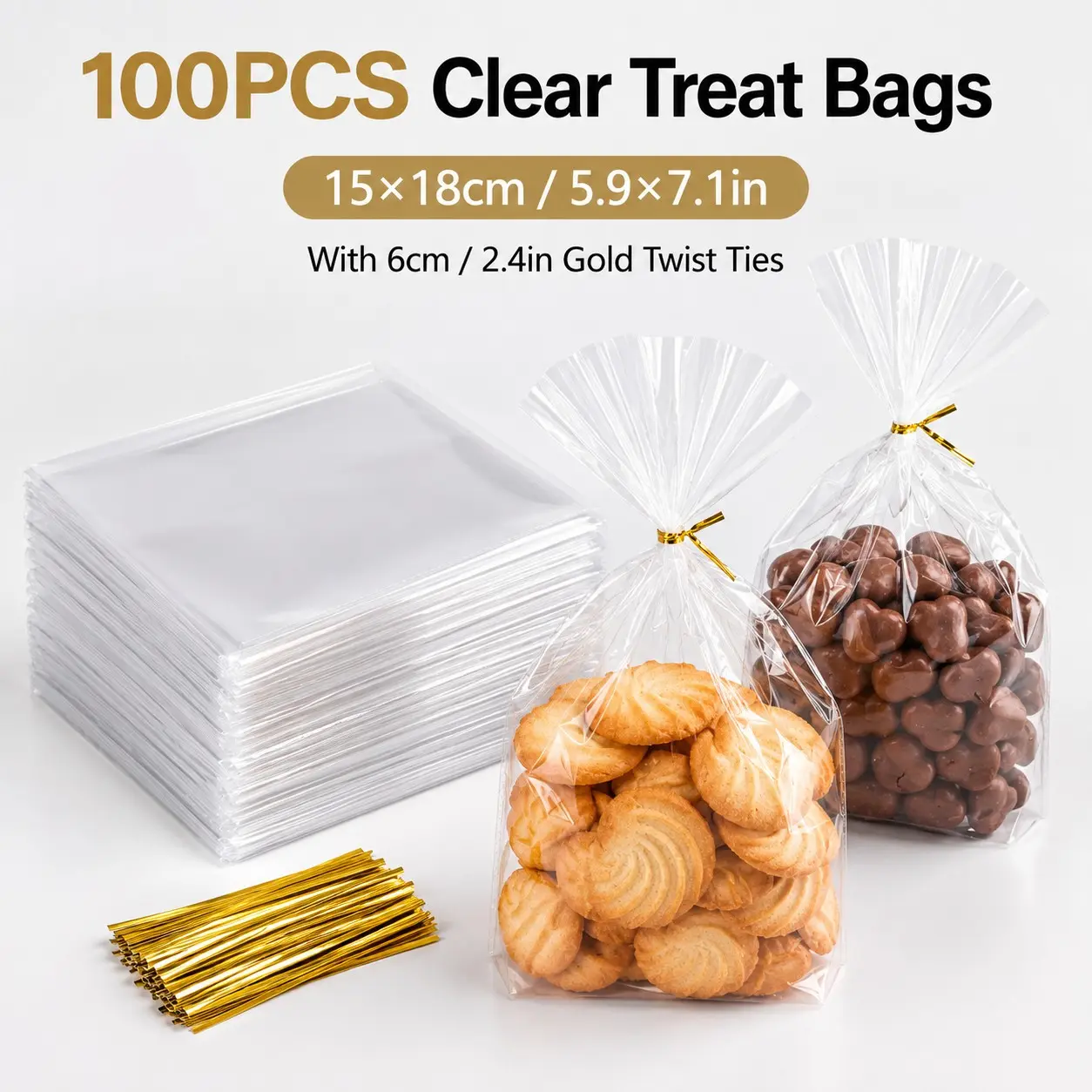 100Pcs Clear Treat Bags 15×18cm with Gold Twist Ties, Candy Cookie Gift Bags for Party Favors, Holiday Snacks & Bakery Packaging