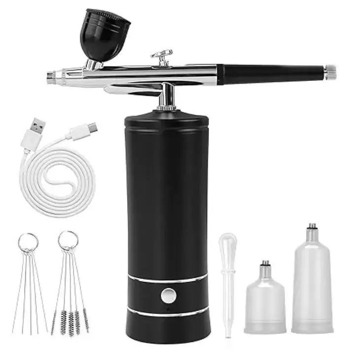 Cordless Airbrush Kit - 0.3mm, 20cc, 5cc Pressure-Adjustable Rechargeable Wireless Spray Painting Tool with Air Compressor, Cleaning Brushes for Nail Art, Painting (Black)