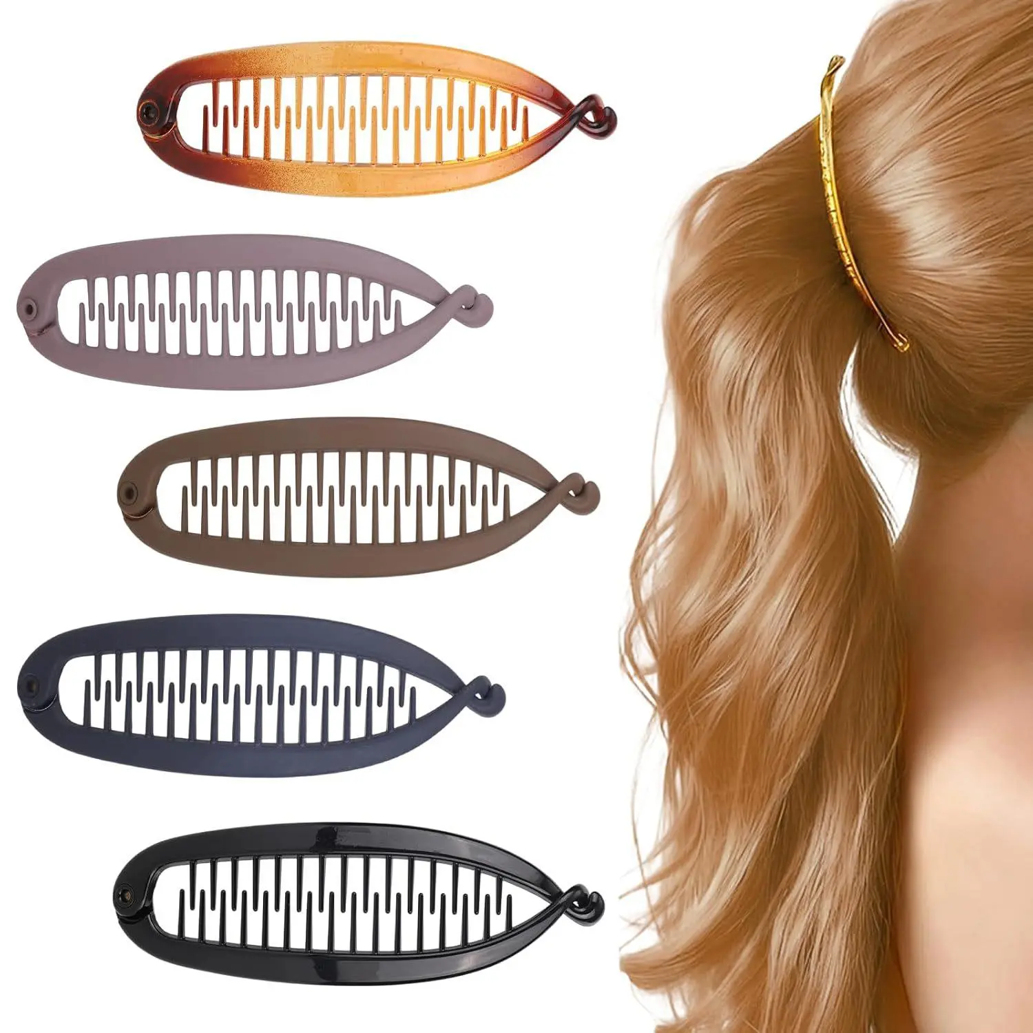 5 Pack Classic Clincher Banana Hair Clips for Thick Hair, Matte & Gloss Mixed Finish Vertical Ponytail Holders Non Slip Interlocking Teeth Hair Barrettes Women Daily Hair Accessories