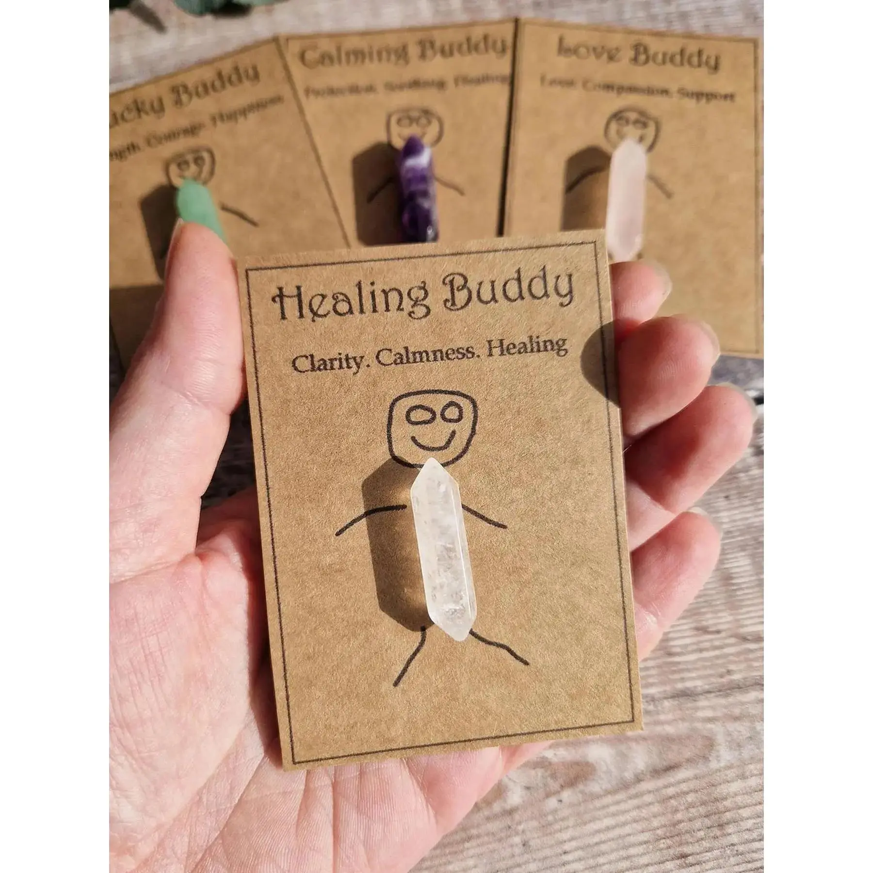 4pcs Cute Crystal Gift, Amethyst Crystal Healing, "Calming / Lucky / Love / Healing " Crystal, Friendship Crystal, Thinking of You Gift, Uplifting Gift, Funny Design, Stones for Healing, Healing Stones