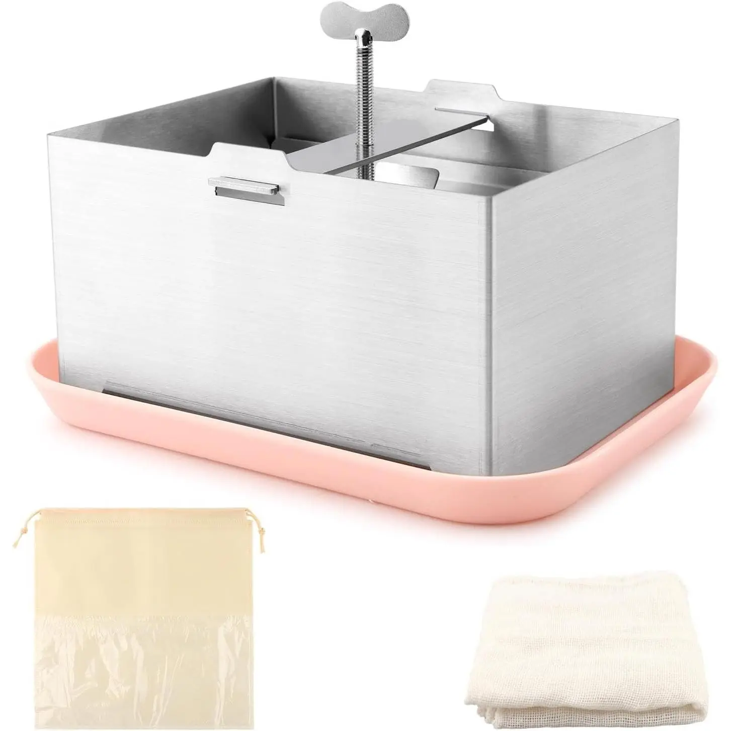 Stainless Steel Tofu Press with Presser Towel & Drip Tray, Adjustable Pressure Kitchen Tool for Homemade Tofu, DIY Paneer & Vegan Cheese Making