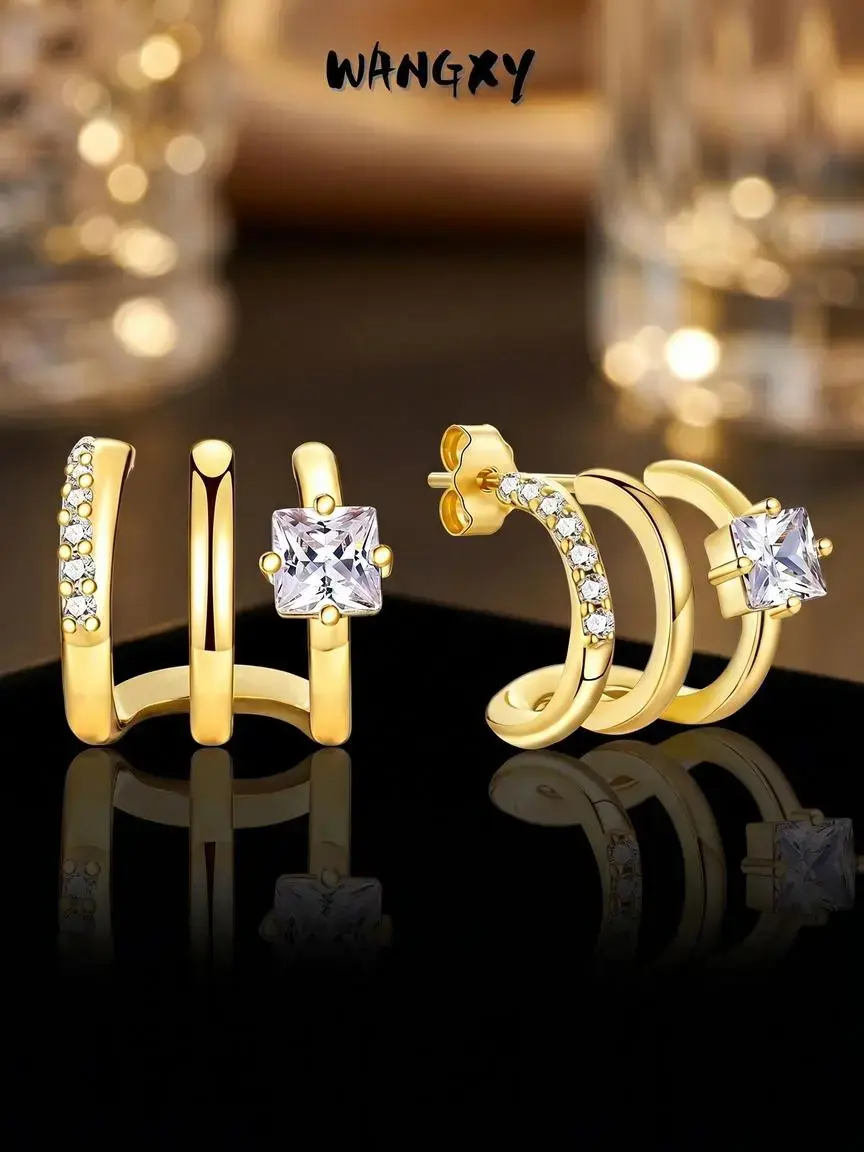 WANGXY 14K Gold Plated Triple Arc Earrings Women's Claw Set With Cubic Zirconia Earrings Unique Design Earrings Statement Triple Hoop Stud Earrings Stud Earrings Jewelry Studs Earrings Versatile Earrings