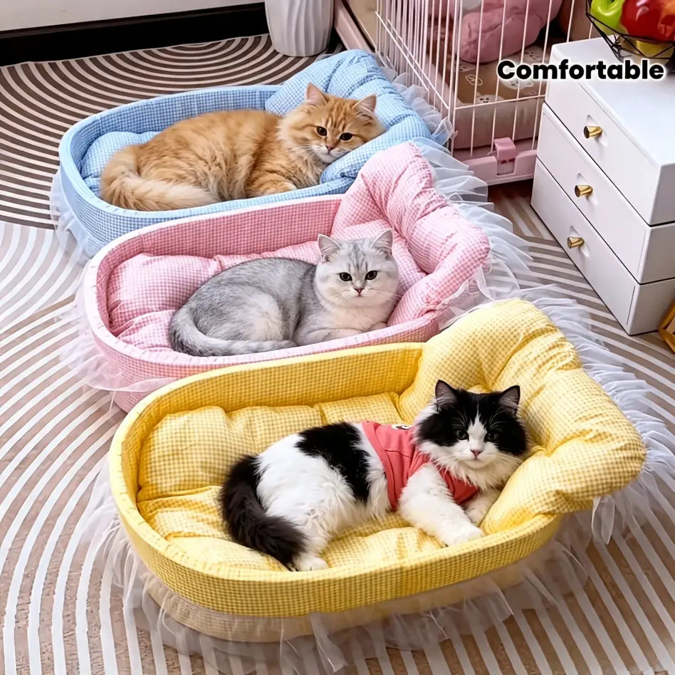 Soft Plaid Pet Sofa Bed, All Season Washable Cat Dog Bed with Cushion & Tulle Skirt, Comfy Rest Bed for Small Medium Cats Dogs, Stylish Home Decor, Perfect Gift for Pet Lovers cozy kitten