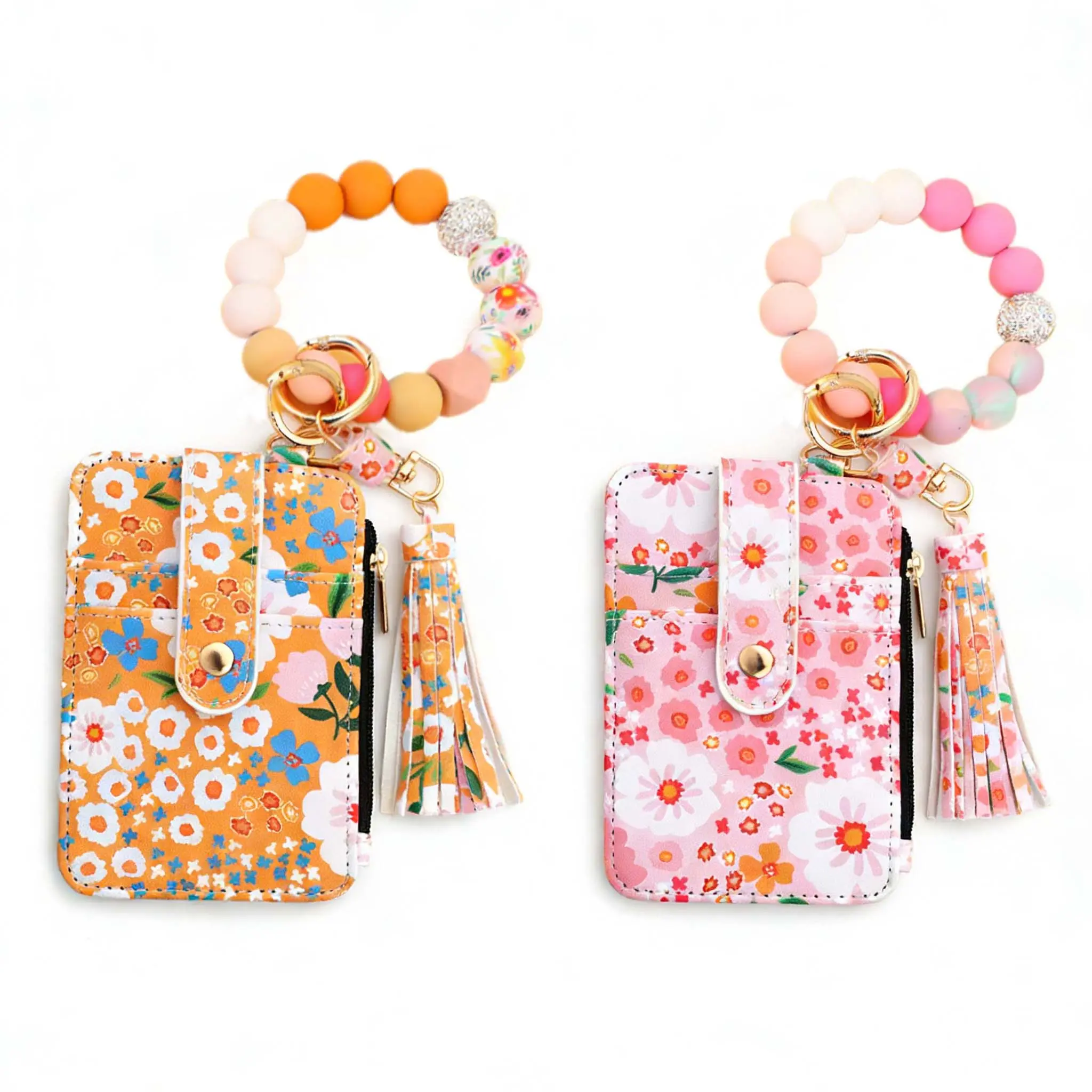 Women's Wristlet Wallet Keychain, Boho Floral PU Leather Card Holder with Silicone Beads & Tassel, Credit Card Organizer, Cardholder, Zipper Card Holder