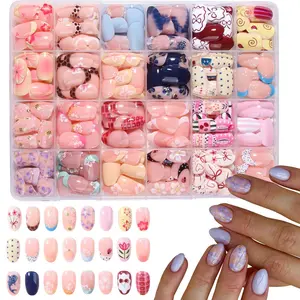576pcs Medium-Length Oval Fake Nails, Decorative Nails, Flower Nails, High Transparency, Floral, Polka Dot, French Tip, Floral Print, Grid Patterns, Easy Wear, Spring Style