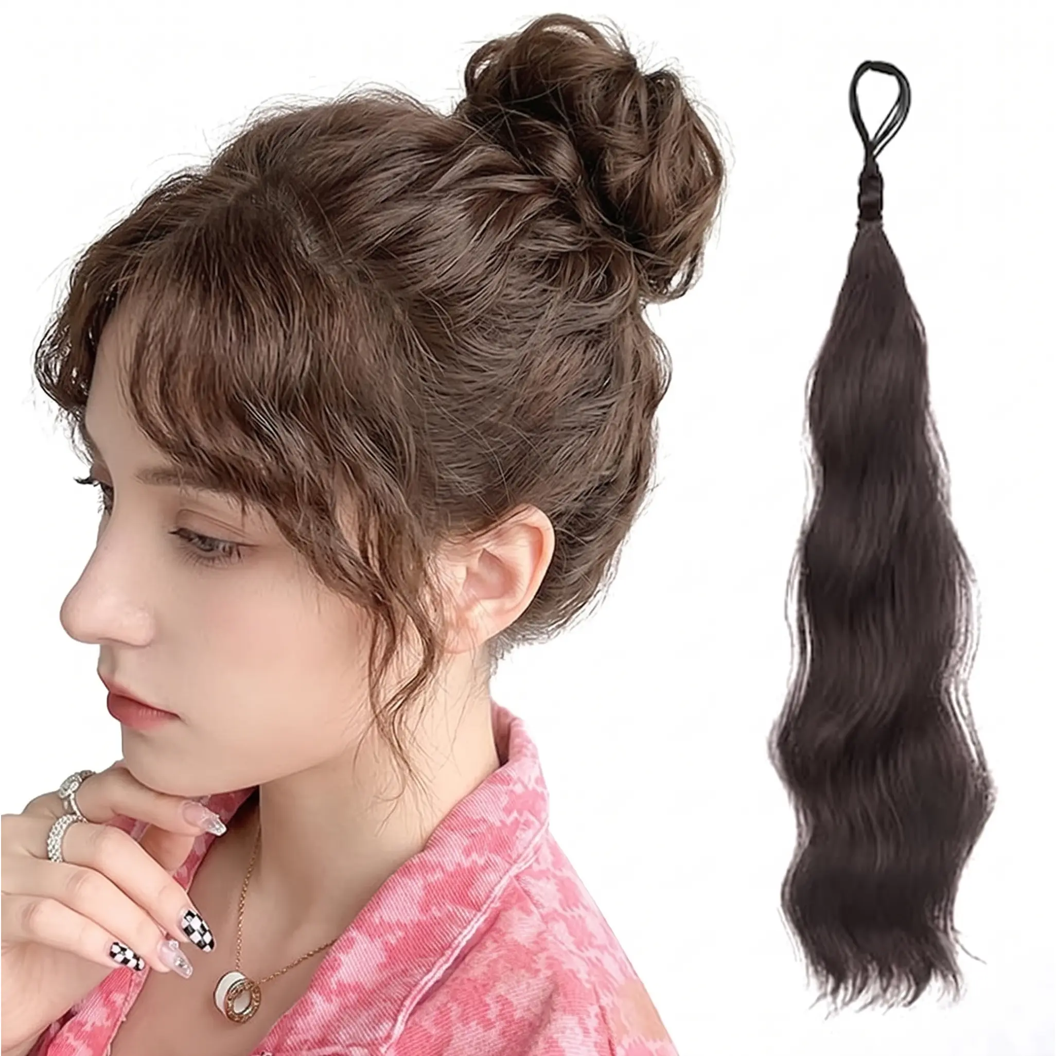 Women's Synthetic Water Wave Scrunchie Hair Extension - Lazy Girl Volume-Boosting Dark Brown Ponytail Helper, Ideal for Morning Routine, Gym Outfits, Working Moms, Hairstyle Ideas, Bestie Gift