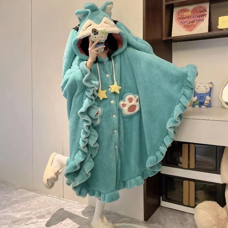 Hatsune Miku Cute Cartoon Cloak Nightgown Women's Autumn and Winter Warm Thickened Bathrobe Can Be Weared Outside Home Clothes