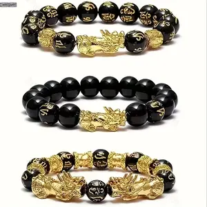 3Pcs Feng Shui Lucky Charm Bracelets for Men & Women - Natural Stone, Wealth Attraction Pixiu Design Black Beads Bracelet