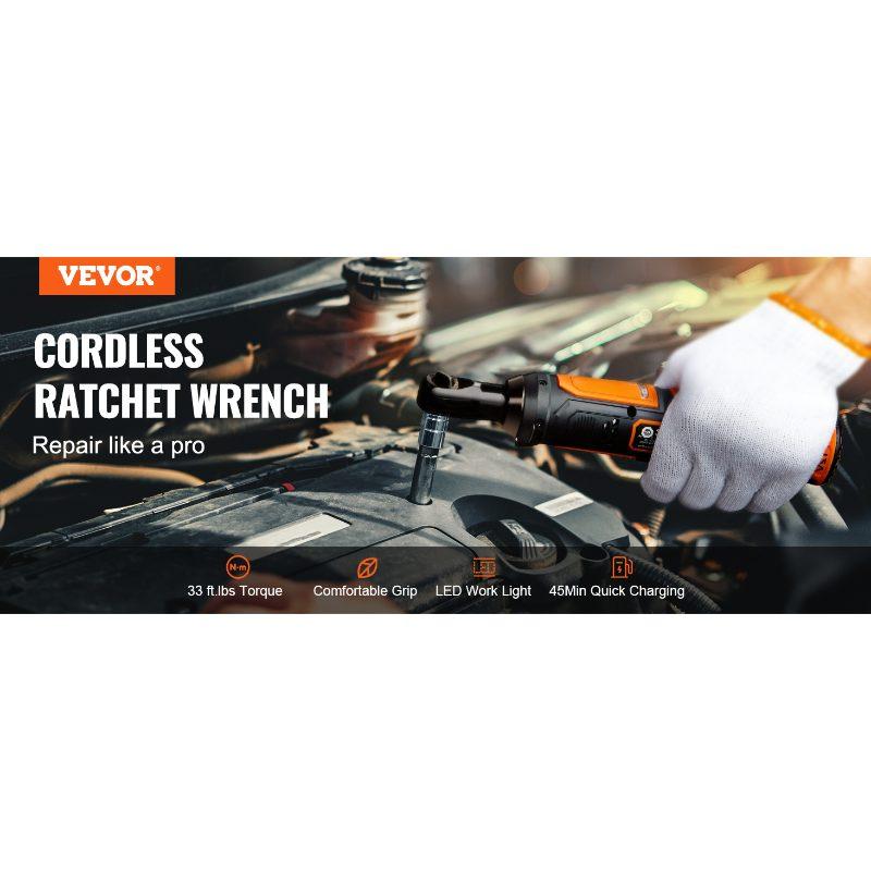 VEVOR 3/8 Cordless Electric Ratchet Wrench Set, 12V 33 Ft-lbs Power Ratchet Tool Kit, 45-Min Fast Charge, 2-Pack 2.0Ah Battery, Built-in LED Light, Variable Speed Trigger, 10 Sockets