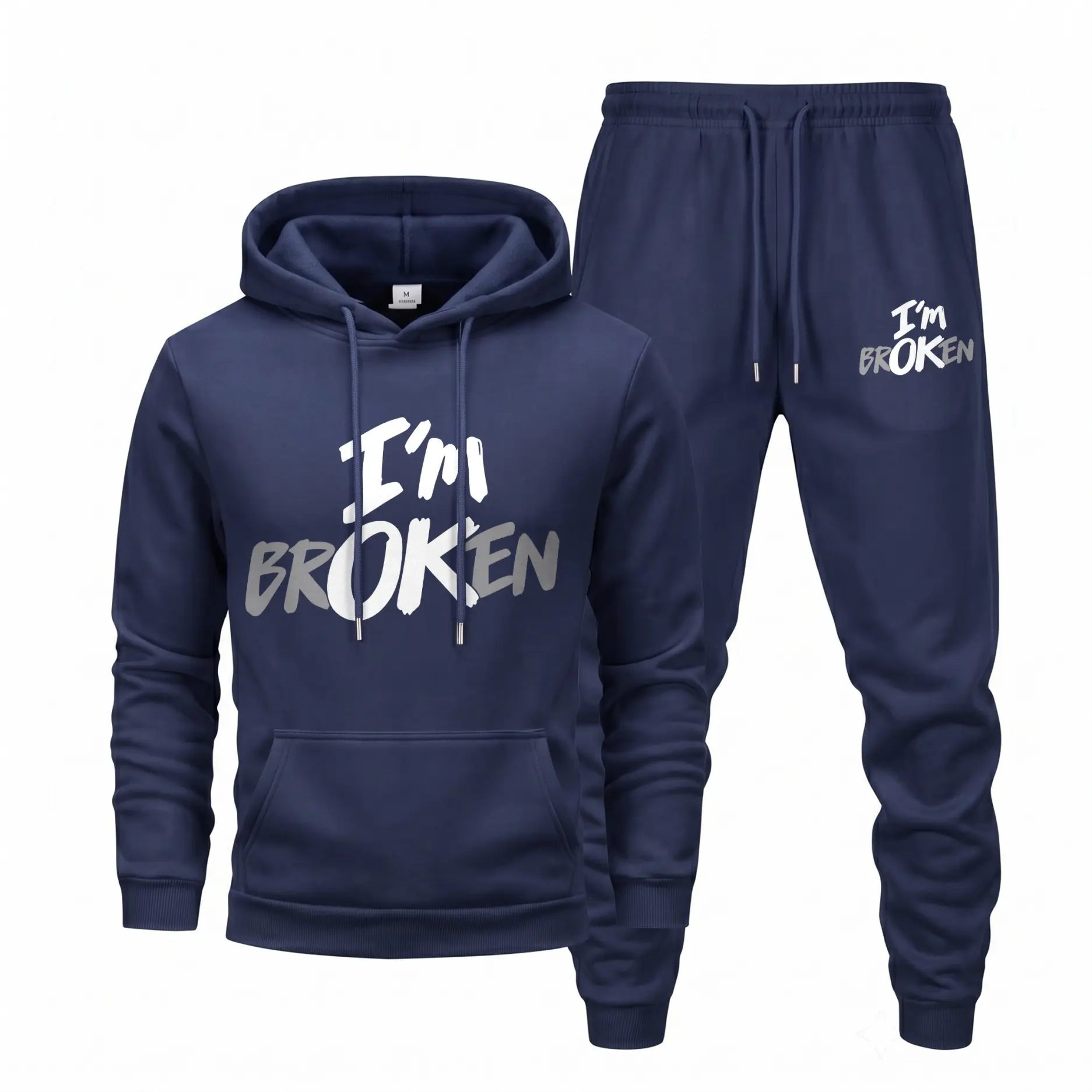 Men's I'm Broken Letter Graphic Hoodie and Sweatpants Set, Casual Hip-Hop Long Sleeve Pullover & Drawstring Jogger Pants, Fall Winter Tracksuit for Daily Wear, Travel, Lounge, Indoor Outdoor and Streetwear