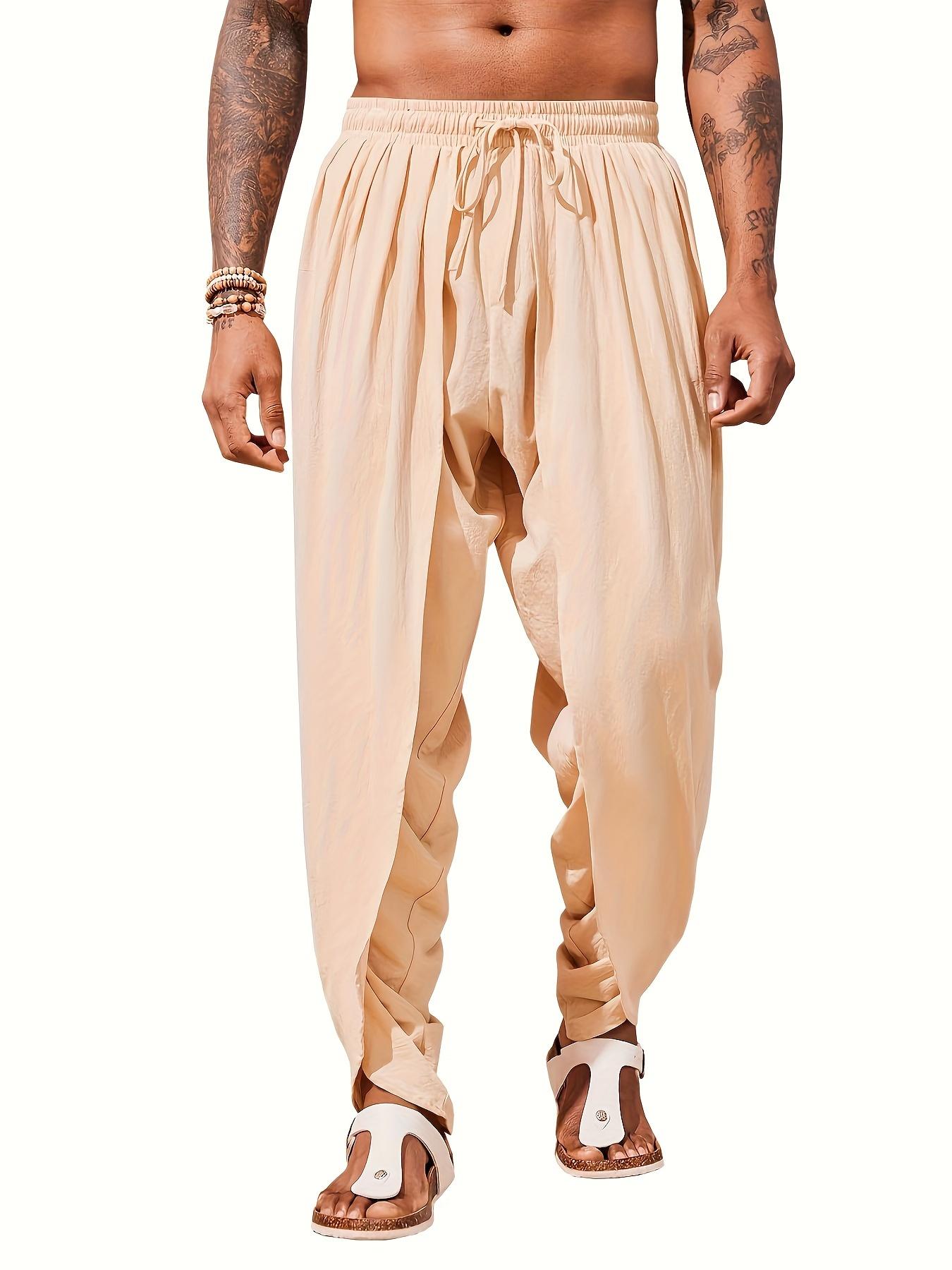 Men's Linen Harem Pants Casual Elastic Waist Pants Loose Bohemian Yoga Hippie Summer Beach Kurta Dhoti Pants Menswear Trouser