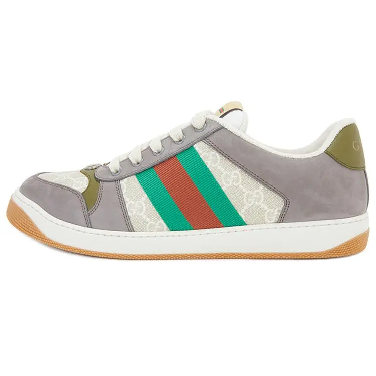Gucci Screener Low-Top Sneakers for Men – Gray with Red-Green Webbing and Double G Logo Verifiable, with credentials and supporting global authentication