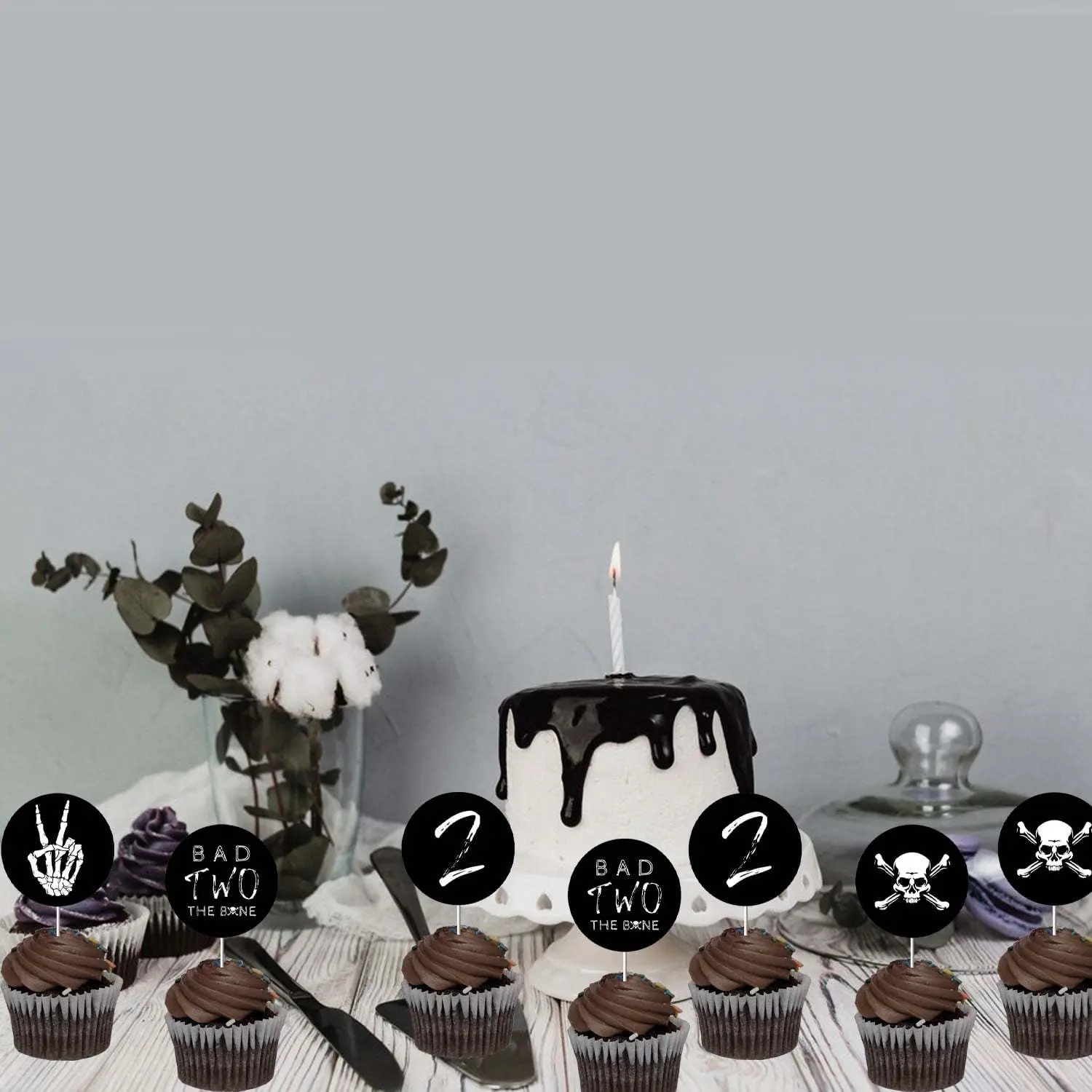 24pcs Bad Two The Bone Cupcake Toppers Rock Themed 2anniversary Birthday Decorations Bone Skull Second Birthday Party Decor Rock n Roll Music Theme 90s Birthday Party Supplies Black