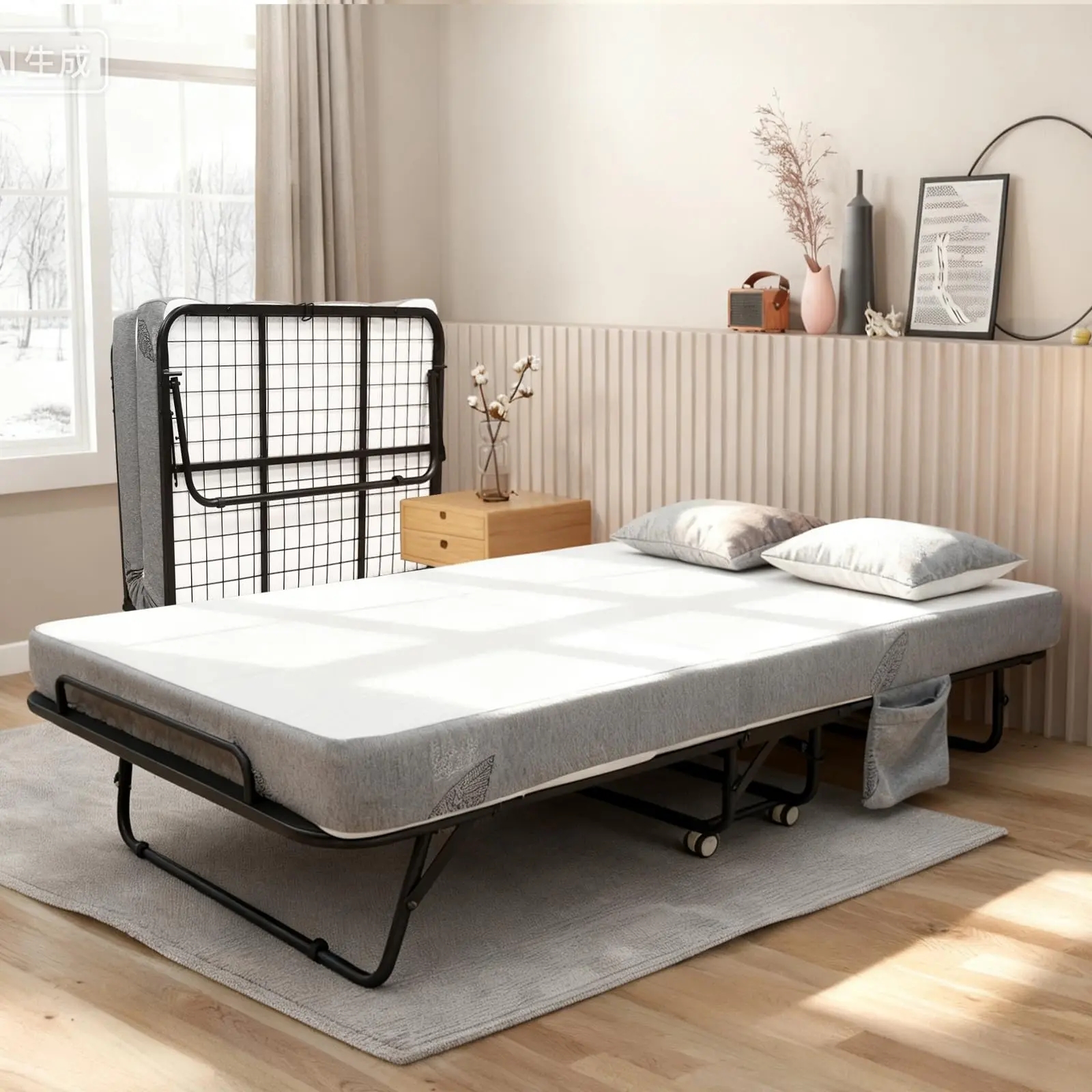 Space-Saving Folding Bed for Bedroom – 10cm Memory Foam Mattress – Durable Metal Frame – Fold Up Guest Bed with Locking Wheels – Ideal for Home Office Apartment