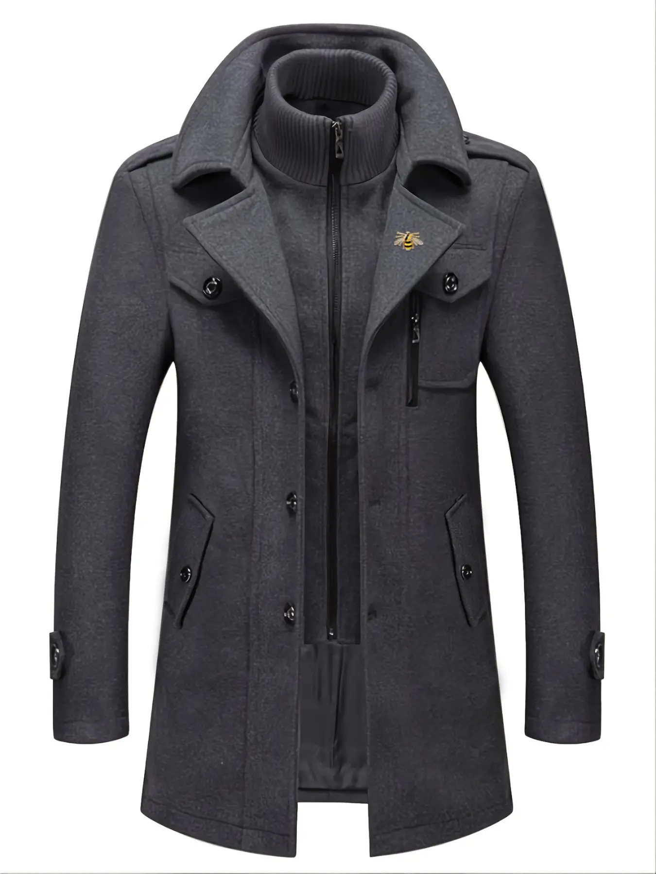 Men's Fashion Double Collar Long Coat, Mixed Fiber, Zipper and Pocket, Warm and Durable, Business or Casual, Autumn/winter Outerwear