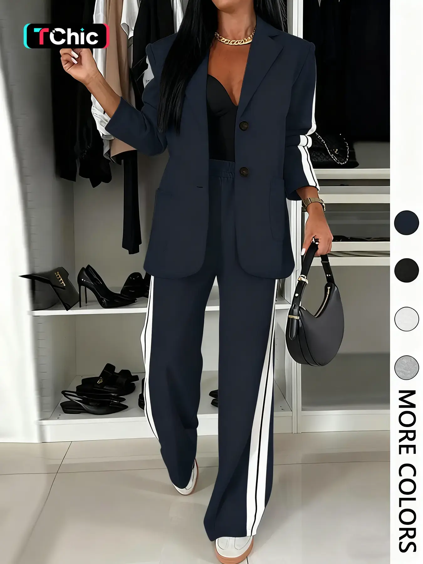 Women's Fall Winter Suit Long Sleeve Jacket + Wide Leg Striped Pants Set, Casual Daily Wear, Home Essential, Includes Pockets