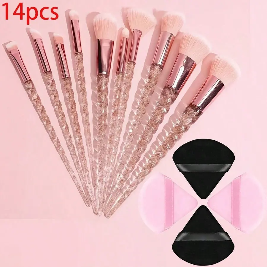 14-Piece Unicorn Glitter Makeup Brush Set, Crystal Handle, Soft Synthetic Bristles, Foundation, Blush, Eyeshadow, Concealer Brushes